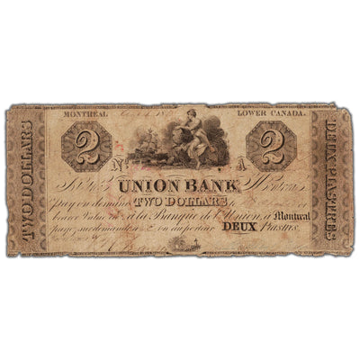 Front view of The Union Bank 1838 two dollar banknote, issue number 725-10-04, inventory ub611, in circulated condition.