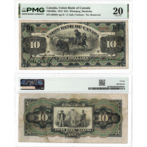 Union Bank of Canada 1912 $10 Chartered Note #730-16-08a - PMG VF-20