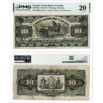 Front and back view of a 1912 Union Bank of Canada 10 dollar chartered banknote, graded PMG VF-20, displayed together in its certified holder.