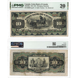 Front and back view of a 1912 Union Bank of Canada 10 dollar chartered banknote, graded PMG VF-20, displayed together in its certified holder.