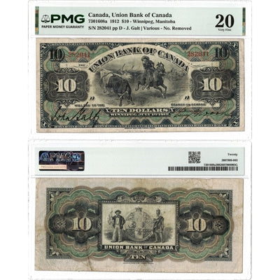 Front and back view of a 1912 Union Bank of Canada 10 dollar chartered banknote, graded PMG VF-20, displayed together in its certified holder.