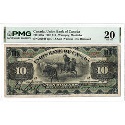 Front face view of a 1912 Union Bank of Canada 10 dollar chartered banknote, highlighting the historical design vignettes and PMG VF-20 grading details.