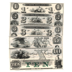 Composite view showing all five unissued remainder notes ($1, $2, $3, $5, and $10) from the 1800s The New England Commercial Bank (Newport, Rhode Island) obsolete currency set (Grade UNC, Serial/SKU: NEWE01).