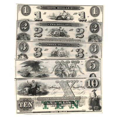 Composite view showing all five unissued remainder notes ($1, $2, $3, $5, and $10) from the 1800s The New England Commercial Bank (Newport, Rhode Island) obsolete currency set (Grade UNC, Serial/SKU: NEWE01).