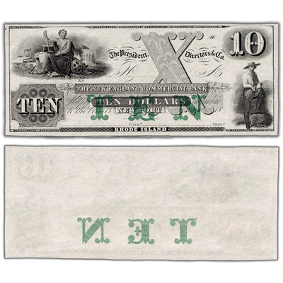 Front and back view of an ungraded 1800s The New England Commercial Bank $10 obsolete remainder banknote (Newport, Rhode Island, Grade UNC, Serial/SKU: NEWE01), featuring high-denomination "X" and "10" lathework counters, central allegorical vignette, and unissued uncirculated paper stock.