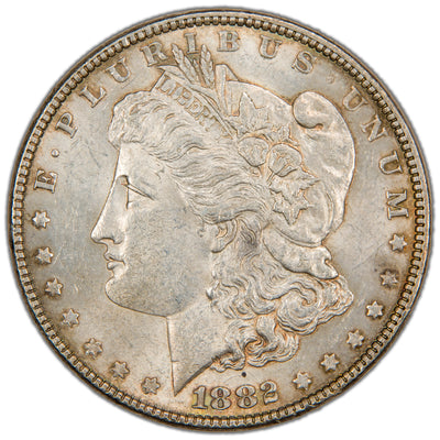 Obverse of a United States 1882 $1 Morgan silver dollar coin (Philadelphia Mint, SKU: SP2883), featuring the left-facing profile bust of Lady Liberty wearing a Phrygian cap decorated with flora and a tiara inscribed LIBERTY, surrounded by 13 stars and the date 1882.