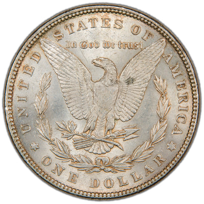 Reverse of a United States 1882 $1 Morgan silver dollar coin (Philadelphia Mint, SKU: SP2883), depicting an American Bald Eagle with wings spread, holding arrows and an olive branch within a laurel wreath, with the motto IN GOD WE TRUST above.