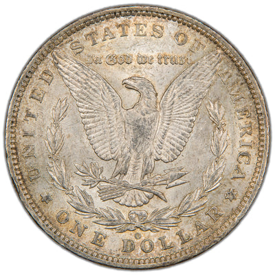 Reverse of a United States 1884-O $1 Morgan silver dollar coin (New Orleans Mint, SKU: SP2882), depicting an American Bald Eagle with wings spread, holding arrows and an olive branch within a laurel wreath, with the motto IN GOD WE TRUST above and the O mint mark below.