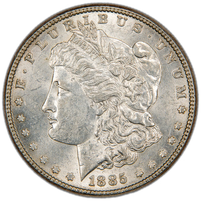 Obverse of a United States 1885 $1 Morgan silver dollar coin (Philadelphia Mint, SKU: SP2881), featuring the left-facing profile bust of Lady Liberty wearing a Phrygian cap decorated with flora and a tiara inscribed LIBERTY, surrounded by 13 stars and the date 1885.