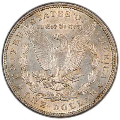 Reverse of a United States 1889 $1 Morgan silver dollar coin (Philadelphia Mint, SKU: SP2879), depicting an American Bald Eagle with wings spread, holding arrows and an olive branch within a laurel wreath, with the motto IN GOD WE TRUST above.