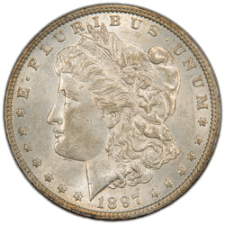 Obverse of a United States 1897 $1 Morgan silver dollar coin (Philadelphia Mint, SKU: SP2878), featuring the left-facing profile bust of Lady Liberty wearing a Phrygian cap decorated with flora and a tiara inscribed LIBERTY, surrounded by 13 stars and the date 1897.