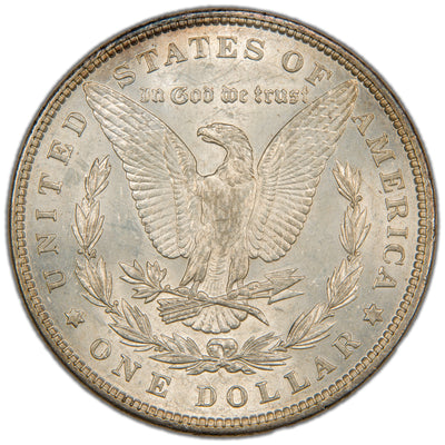 Reverse of a United States 1897 $1 Morgan silver dollar coin (Philadelphia Mint, SKU: SP2878), depicting an American Bald Eagle with wings spread, holding arrows and an olive branch within a laurel wreath, with the motto IN GOD WE TRUST above.