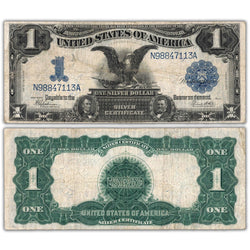 Composite view showing the front and back of an ungraded United States 1899 $1 Silver Certificate "Black Eagle" note (Fr. #226–236 series, Grade About VF, Serial/SKU: N98847113A).
