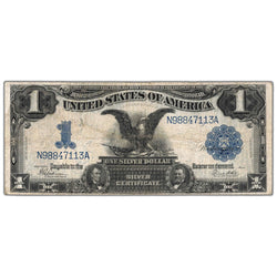 Front of an ungraded United States 1899 $1 Silver Certificate "Black Eagle" note (Grade About VF, Serial/SKU: N98847113A), featuring a central vignette of a Bald Eagle perched on a U.S. flag with small portrait vignettes of Abraham Lincoln and Ulysses S. Grant below, blue Treasury seal, and serial number N98847113A.
