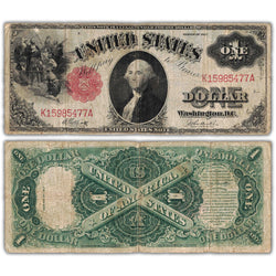 Composite view showing the front and back of an ungraded United States 1917 $1 Legal Tender note (Large Size, Fr. #36, Circulated condition, Serial/SKU: K15985477A).