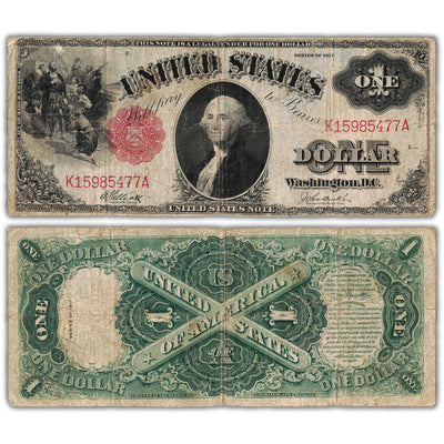 Composite view showing the front and back of an ungraded United States 1917 $1 Legal Tender note (Large Size, Fr. #36, Circulated condition, Serial/SKU: K15985477A).