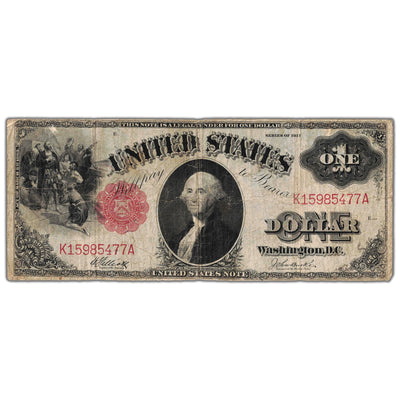 Front of an ungraded United States 1917 $1 Legal Tender note (Large Size, Fr. #36, Circulated condition, Serial/SKU: K15985477A), featuring a central portrait vignette of George Washington, "Discovery of Land by Columbus" vignette at left, red Treasury seal, and serial number K15985477A.