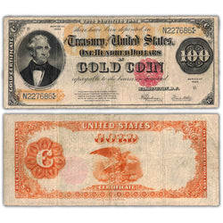 Composite view showing the front and back of an ungraded United States 1922 $100 Gold Certificate note (Large Size, Fr. #1215, Grade Fine, Serial/SKU: N227686).