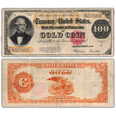 Composite view showing the front and back of an ungraded United States 1922 $100 Gold Certificate note (Large Size, Fr. #1215, Grade Fine, Serial/SKU: N227686).