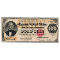 Front of an ungraded United States 1922 $100 Gold Certificate note (Large Size, Fr. #1215, Grade Fine, Serial/SKU: N227686), featuring a portrait vignette of Thomas Benton, gold-yellow Treasury seal, yellow serial number N227686, and gold obligation wording.