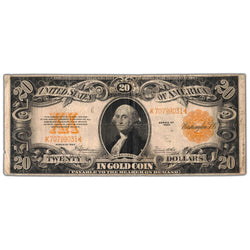 Front of an ungraded United States 1922 $20 Gold Certificate note (Large Size, Fr. #1187, Minor Pinholes condition, Serial/SKU: K70799031), featuring a portrait vignette of George Washington, gold-yellow Treasury seal, yellow serial number K70799031, and gold obligation text.