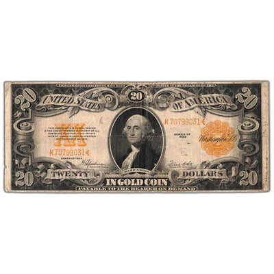 Front of an ungraded United States 1922 $20 Gold Certificate note (Large Size, Fr. #1187, Minor Pinholes condition, Serial/SKU: K70799031), featuring a portrait vignette of George Washington, gold-yellow Treasury seal, yellow serial number K70799031, and gold obligation text.
