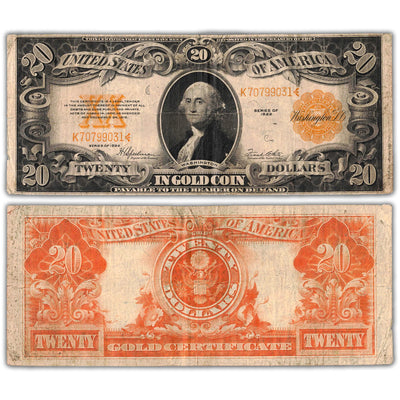 Composite view showing the front and back of an ungraded United States 1922 $20 Gold Certificate note (Large Size, Fr. #1187, Minor Pinholes condition, Serial/SKU: K70799031).
