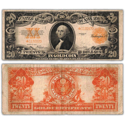 Composite view showing the front and back of an ungraded United States 1922 $20 Gold Certificate replacement star note (Large Size, Fr. #1187*, Grade Fine, Serial/SKU: *113097D).