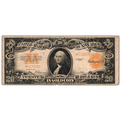 Front of an ungraded United States 1922 $20 Gold Certificate replacement star note (Large Size, Fr. #1187*, Grade Fine, Serial/SKU: *113097D), featuring a central portrait vignette of George Washington, gold-yellow Treasury seal, gold star replacement serial number *113097D, and Speelman-White signature facsimiles.
