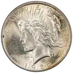 Obverse of a United States 1922 $1 Peace silver dollar coin (Philadelphia Mint, SKU: SP2877), featuring the left-facing profile bust of Lady Liberty wearing a radiant crown, with the motto IN GOD WE TRVST and the date 1922.