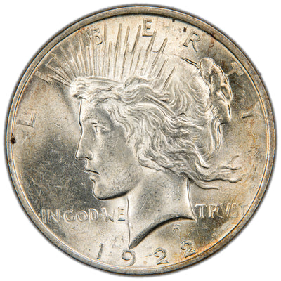 Obverse of a United States 1922 $1 Peace silver dollar coin (Philadelphia Mint, SKU: SP2877), featuring the left-facing profile bust of Lady Liberty wearing a radiant crown, with the motto IN GOD WE TRVST and the date 1922.