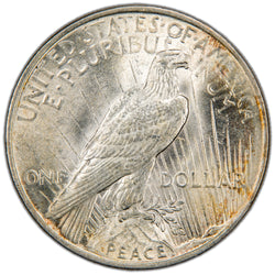 Reverse of a United States 1922 $1 Peace silver dollar coin (Philadelphia Mint, SKU: SP2877), depicting an American Bald Eagle perched on a rock cliff holding an olive branch against rays of sunlight, with the word PEACE at the base.
