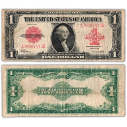 Composite view showing the front and back of an ungraded United States 1923 $1 Red Seal Legal Tender note (Large Size, Fr. #40, Grade F/VF, Serial/SKU: A78387413B).