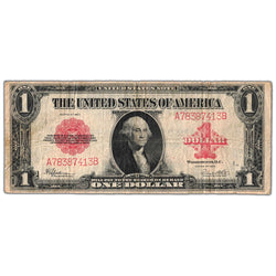 Front of an ungraded United States 1923 $1 Red Seal Legal Tender note (Large Size, Fr. #40, Grade F/VF, Serial/SKU: A78387413B), featuring a central portrait vignette of George Washington, red Treasury seal, red serial number A78387413B, and signature facsimiles.