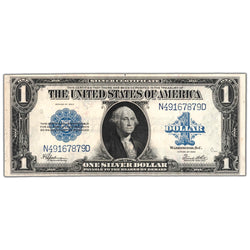 Front of an ungraded United States 1923 $1 Silver Certificate note (Large Size, Grade EF, Serial/SKU: N49167879D), featuring a central portrait vignette of George Washington, blue Treasury seal, blue "1" denomination counters, and serial number N49167879D.