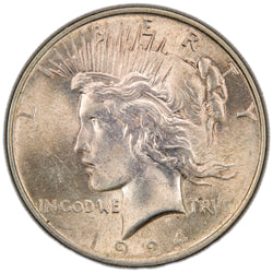 Obverse of a United States 1924 $1 Peace silver dollar coin (Philadelphia Mint, SKU: SP2876), featuring the left-facing profile bust of Lady Liberty wearing a radiant crown, with the motto IN GOD WE TRVST and the date 1924.