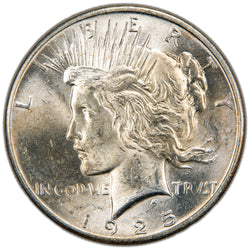 Obverse of a United States 1925 $1 Peace silver dollar coin (Philadelphia Mint, SKU: SP2875), featuring the left-facing profile bust of Lady Liberty wearing a radiant crown, with the motto IN GOD WE TRVST and the date 1925.