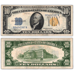 Composite view showing the front and back of an ungraded United States 1934 $10 North Africa WWII Emergency Issue Silver Certificate note (Fr. #2309, Grade VF, Serial/SKU: B04645987A).