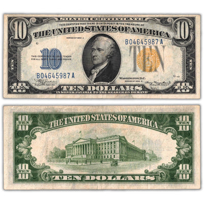 Composite view showing the front and back of an ungraded United States 1934 $10 North Africa WWII Emergency Issue Silver Certificate note (Fr. #2309, Grade VF, Serial/SKU: B04645987A).