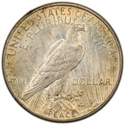 Reverse of a United States 1934-D $1 Peace silver dollar coin (Denver Mint, SKU: SP2873), depicting an American Bald Eagle perched on a rock holding an olive branch with rays of sun, featuring the 'D' mint mark along the lower left edge.