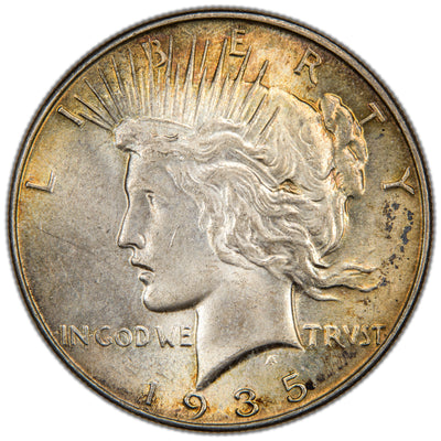 Obverse of a United States 1935 $1 Peace silver dollar coin (SKU: SP2871), featuring the left-facing profile bust of Lady Liberty wearing a radiant crown, with the motto IN GOD WE TRVST and the legend LIBERTY above.