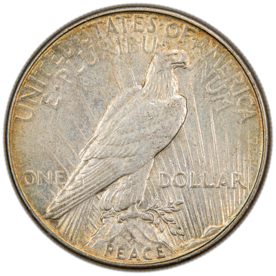 Reverse of a United States 1935 $1 Peace silver dollar coin (SKU: SP2872), depicting an American Bald Eagle perched on a rock cliff holding an olive branch against rays of sunlight, with the inscription PEACE below.