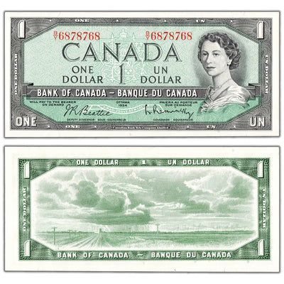 $1 1954 Bank of Canada Note Beattie-Rasminsky B/Y Prefix BC-37b - Neat Serial