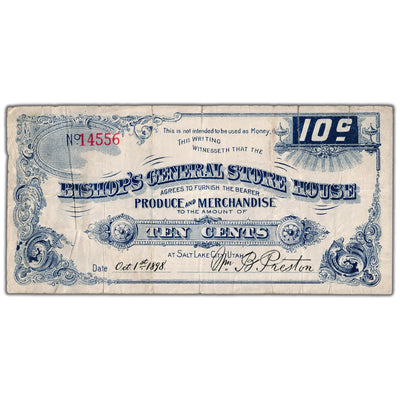 SOLD United States 1898 Bishop's General Store House 10 Cents Utah Note - Tears