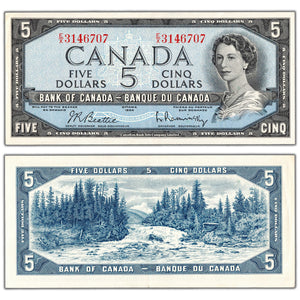 $5 1954 Bank of Canada Note Beattie-Rasminsky E/X Prefix BC-39b - AU