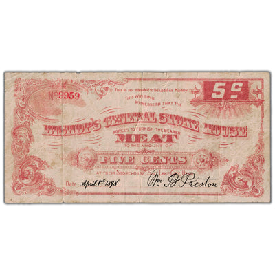 SOLD United States 1898 Bishop's General Store House 5 Cents Utah Note - Large Tear/Issues