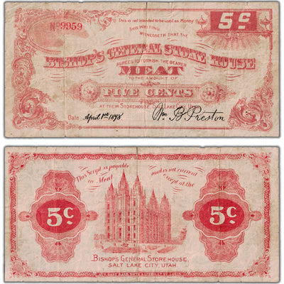 SOLD United States 1898 Bishop's General Store House 5 Cents Utah Note - Large Tear/Issues