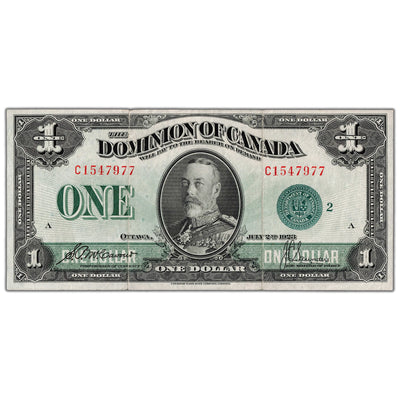 $1 1923 Dominion of Canada Note Green Seal Series C DC-25j - VF/EF
