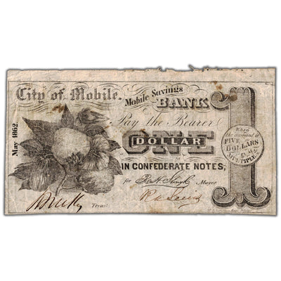 United States 1862 $1 City of Mobile Savings Bank Note - Circulated