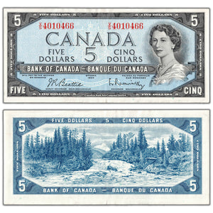 $5 1954 Bank of Canada Note Beattie-Rasminsky V/S Prefix BC-39b - EF